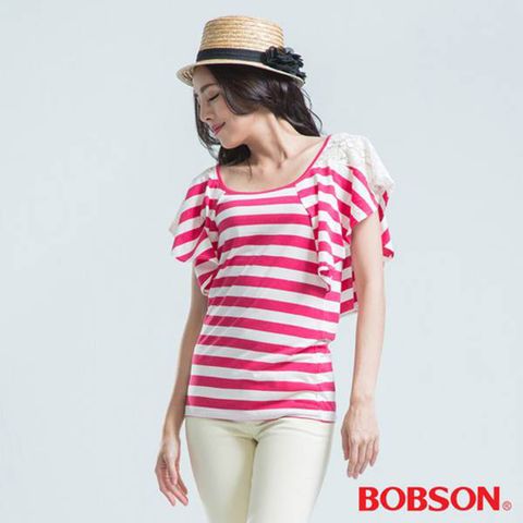 【BOBSON】女款短袖展袖橫條上衣(23089-15)