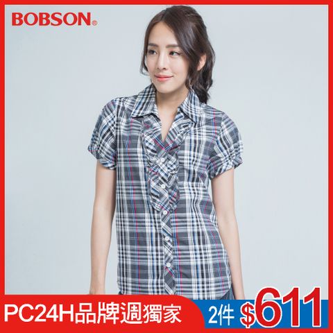 BOBSON 女款短袖格子長版襯衫(23136-88)