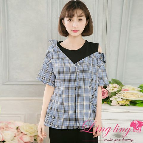 LINGLING 中大尺碼 A4120-01 休閒百搭格子襯衫露肩假兩件連身洋裝(休閒藍格)