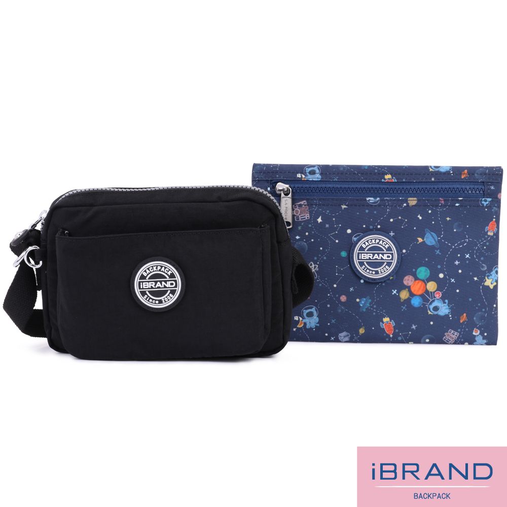iBrand 斜背包 輕盈防潑水雙口袋斜側背包-自信黑
