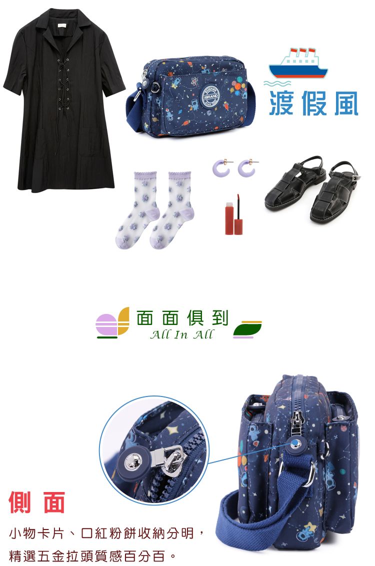 BRAND渡假風面面俱到All In All側面小物卡片、口紅粉餅收納分明,精選五金拉頭質感百分百。