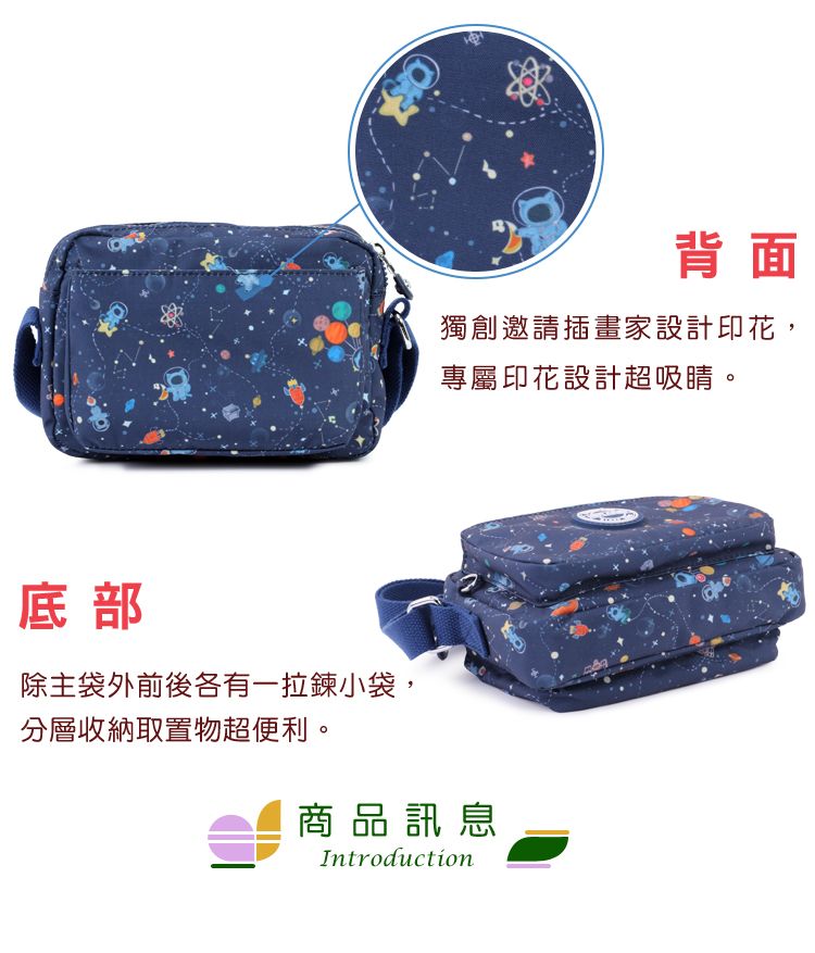 背面獨創邀請插畫家設計印花,專屬印花設計超吸睛。底部除主袋外前後各有一拉鍊小袋,分層收納取置物超便利。商品訊息Introduction