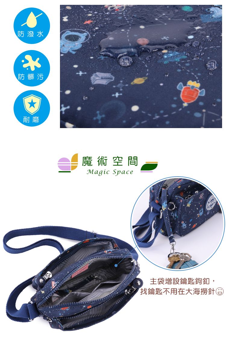 防潑水防髒污耐磨魔術空間Magic Space主袋增設鑰匙鉤釦,找鑰匙不用在大海撈針