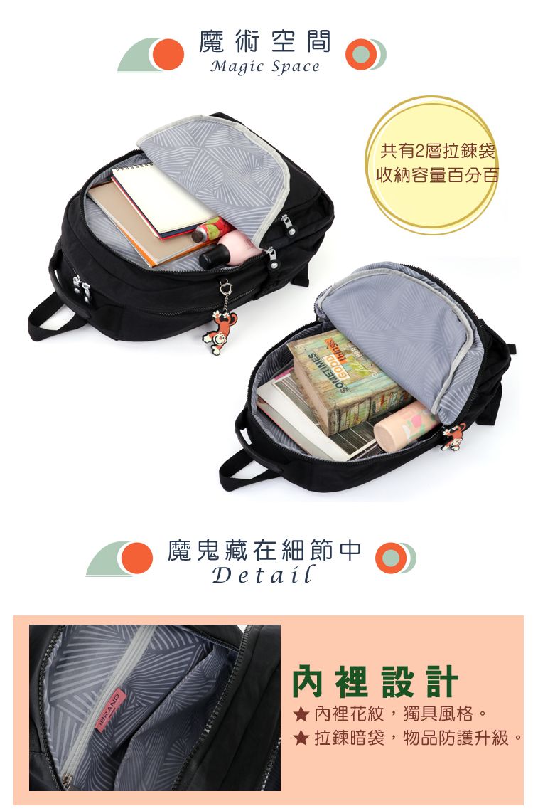 魔鬼藏在細節中Detail內裡設計★內裡花紋,獨具風格。★拉鍊暗袋,物品防護升級。SOMETIMESthings魔術空間Magic Space共有2層拉鍊袋收納容量百分百