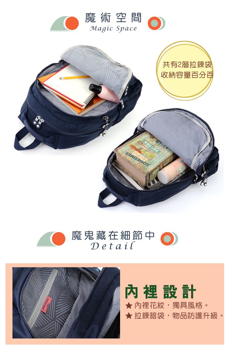 魔術空間Magic Space共有2層拉鍊袋收納容量百分百魔鬼藏在細節中Detail內裡設計★內裡花紋,獨具風格。★拉鍊暗袋,物品防護升級。
