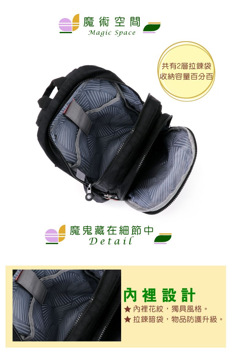 魔術空間Magic Space魔鬼藏在細節中Detail共有2層拉鍊袋收納容量百分百裡設計內裡花紋,獨具風格。★拉鍊暗袋,物品防護升級。