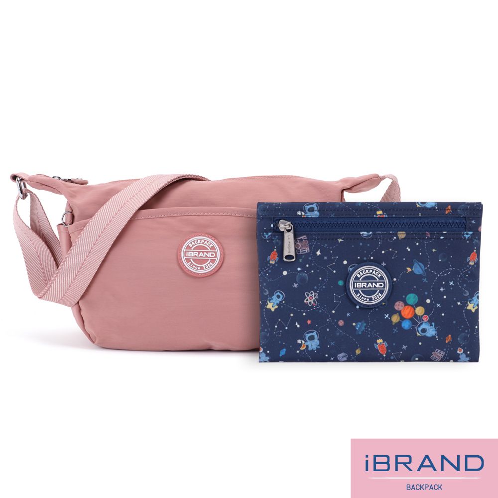iBrand 側背包 簡約百搭雙口袋斜側背包-蜜桃粉