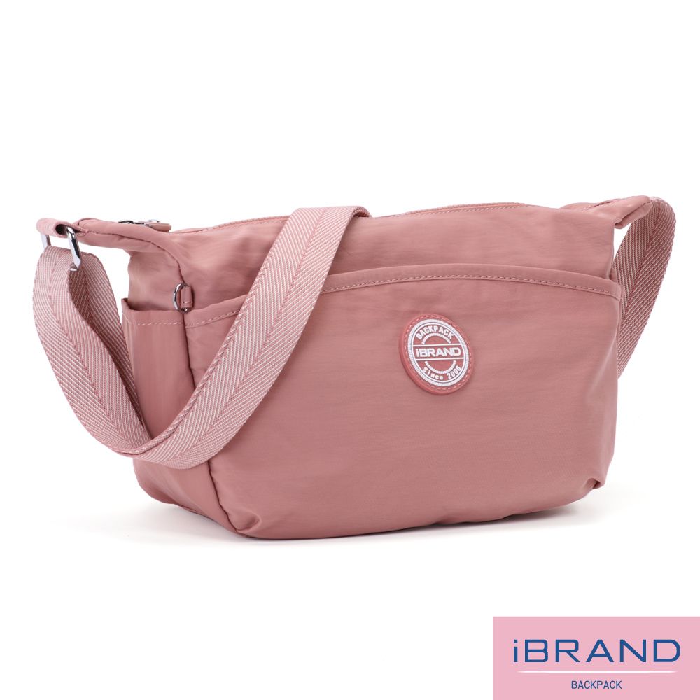 iBrand 側背包 簡約百搭雙口袋斜側背包-蜜桃粉