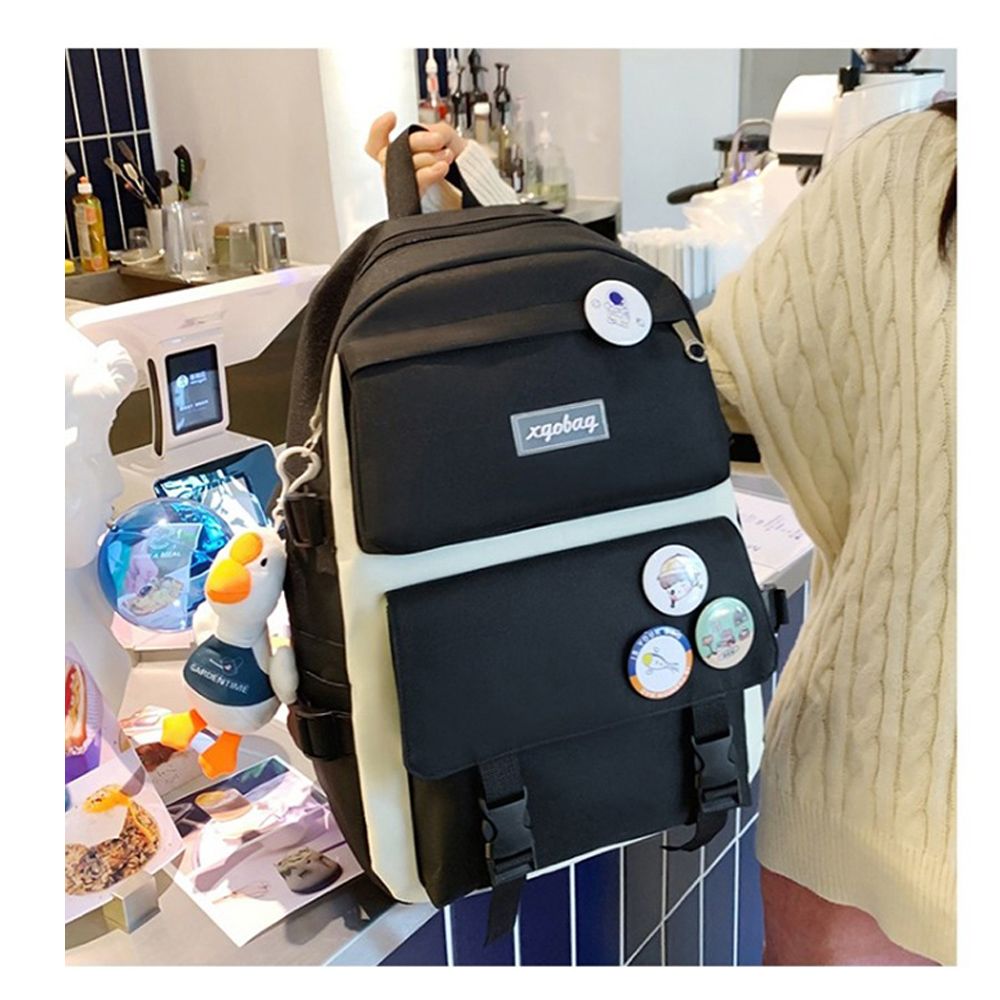 BIGBAG 5件套 韓版帆布學院風雙肩後背包 國小國中高中書包 大容量雙肩包 單肩包 手提包 筆袋
