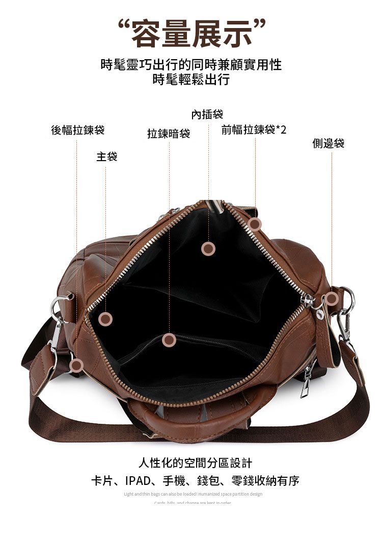 “容量展示”時髦靈巧出行的同時兼顧實用性時髦輕鬆出行內插袋後幅拉鍊袋拉鍊暗袋前幅拉鍊袋*2側邊袋主袋人性化的空間分區設計卡片、IPAD、手機、錢包、零錢收納有序 and thin bags can also be loaded Humanized space partition design  and