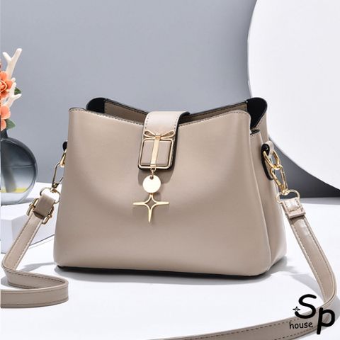 【Sp house】時尚禮物金屬裝飾女用輕量手提側肩斜背水桶包(6色可選)	