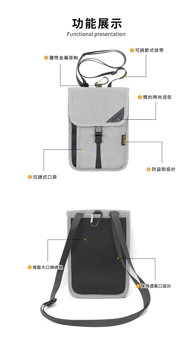 功能展示Functional presentation 腰帶金屬掛鉤可調節式掛帶 簡約時尚造型防盜刷設計 拉鏈式口袋 背面大口袋收納採用透氣口設計