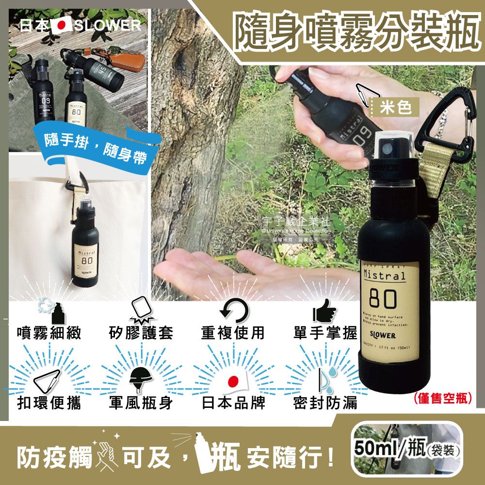  日本戶外防疫密封防漏噴霧隨身瓶-米色50ml空瓶(矽膠護套附扣環,戶外活動,露營,野餐皆適用) 