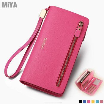 MiYA 米亞  Sally 歐美防刮真皮牛皮多卡位女用拉鍊長夾 粉玫紅藍黃黑色