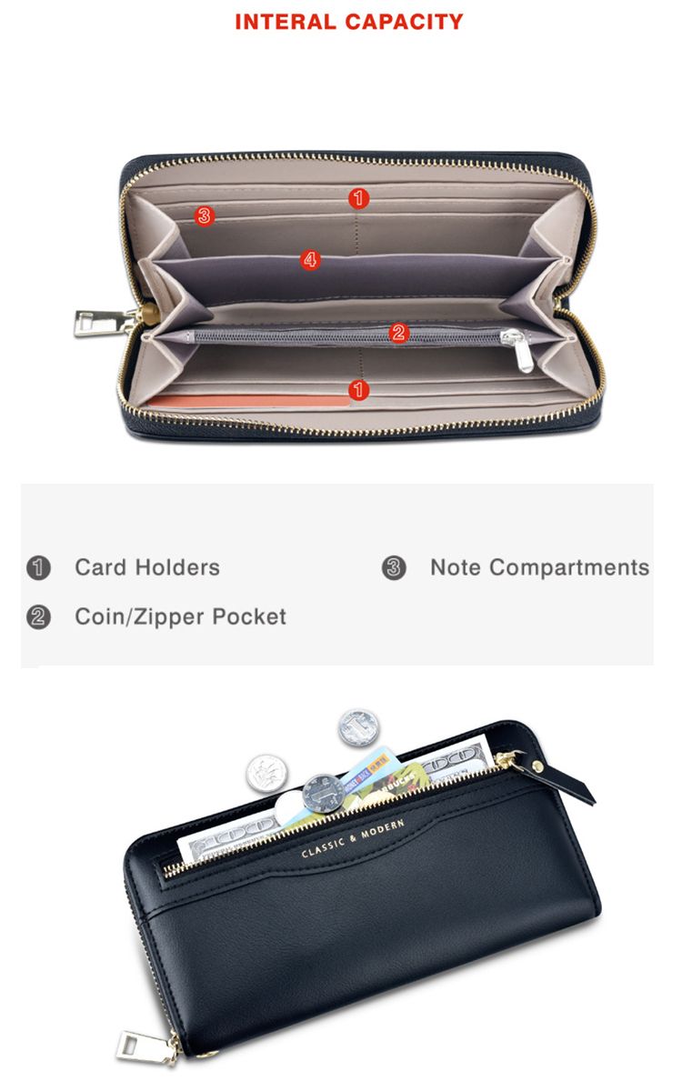 INTERAL CAPACITY1Card Holders2 Coin/Zipper PocketNote CompartmentsCLASSIC & MODERN