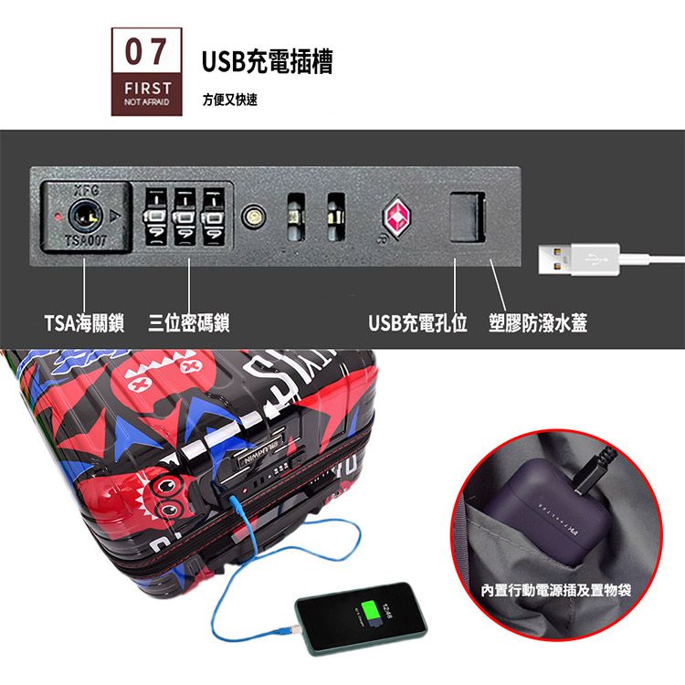 TSA00707 USB充電槽FIRSTNOT AFRAID方便又快速TSA海關鎖 三位密碼鎖USB充電孔位 塑膠防潑水蓋內置行動電源插及置物袋