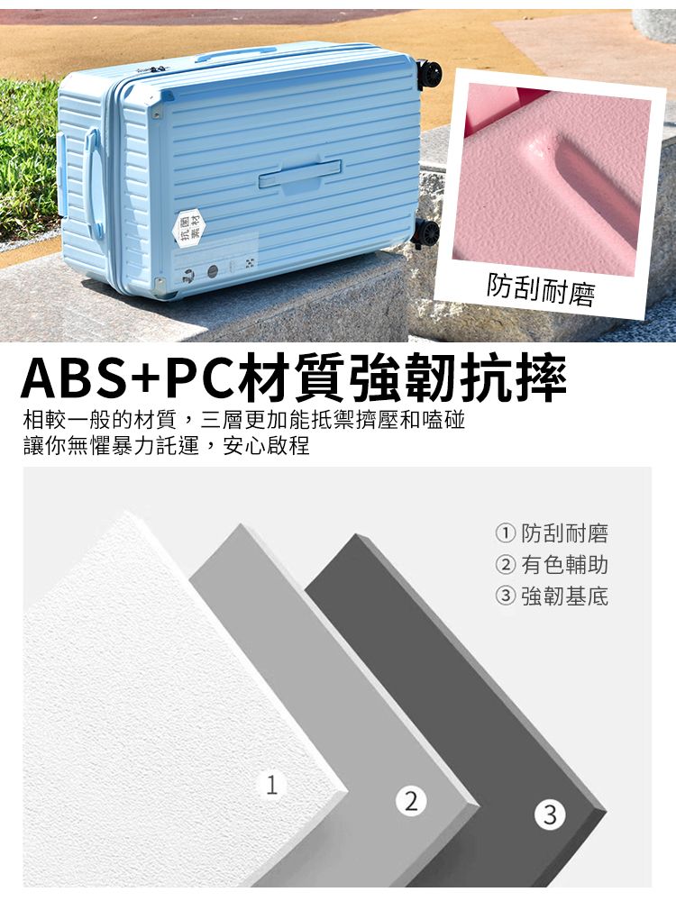 e防刮耐磨ABS+PC材質強韌抗摔相較一般的材質,三層更加能抵禦擠壓和嗑碰讓你無懼暴力託運,安心啟程1①防刮耐磨②有色輔助③強韌基底