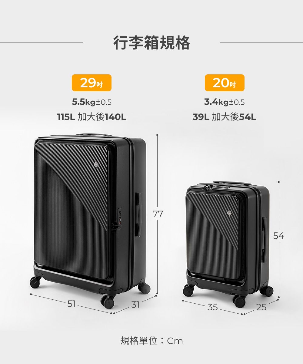 行李箱規格20吋3.4kg±0.539L 加大後L29吋5.5kg±0.5 加大後140L513177規格單位:Cm54543525