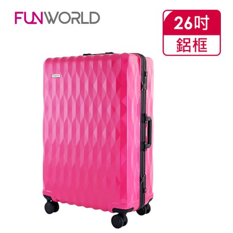 【FUNWORLD】26吋鑽石紋經典鋁框輕量行李箱/旅行箱(孔雀桃)