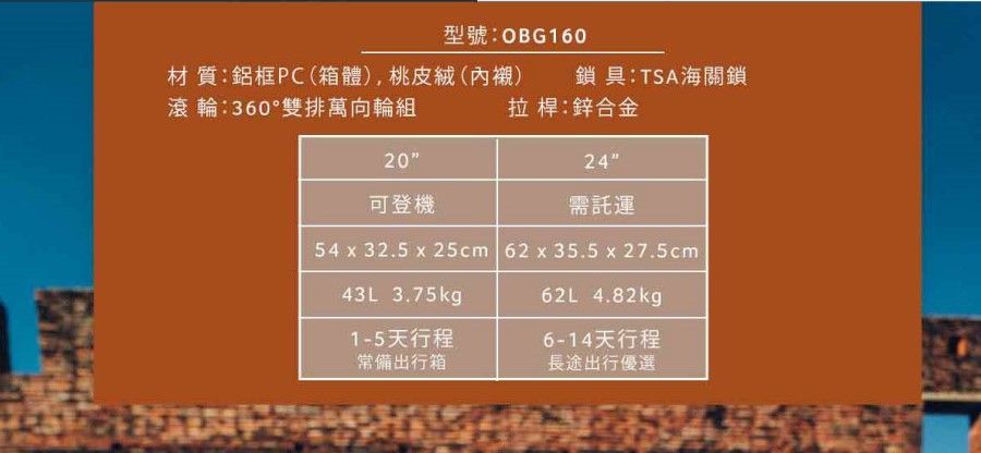 材質鋁框PC(箱體),桃皮絨(內襯)滾輪:360°雙排萬向輪組20可登機型號:OBG160鎖具:TSA海關鎖拉桿:鋅合金24需託運54 x 32.5 x 25cm 62x35.5x27.5cm43L:3.75kgp62L 4.82kg1-5天行程6-14天行程常備出行箱長途出行優選