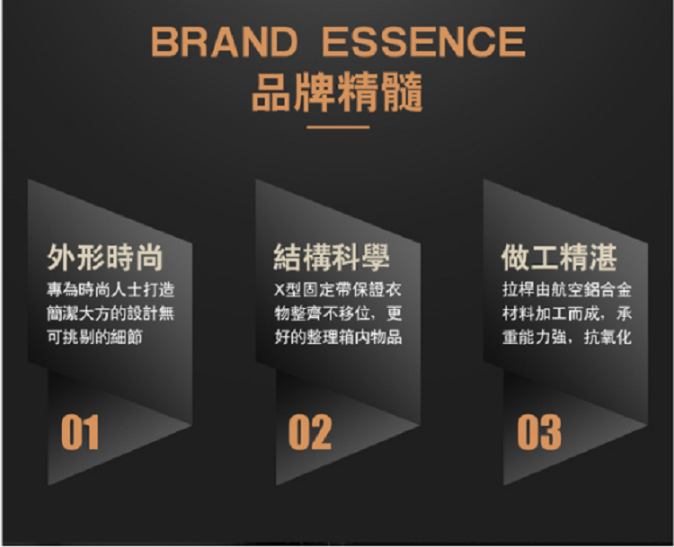 BRAND ESSENCE品牌精髓外形時尚專為時尚人士打造簡潔大方的設計無可挑剔的細節01結構科學X型固定帶保證衣物整齊不移位,更好的整理箱内物品02做工精湛拉桿由航空鋁合金材料加工而成,承重能力强,抗氧化03