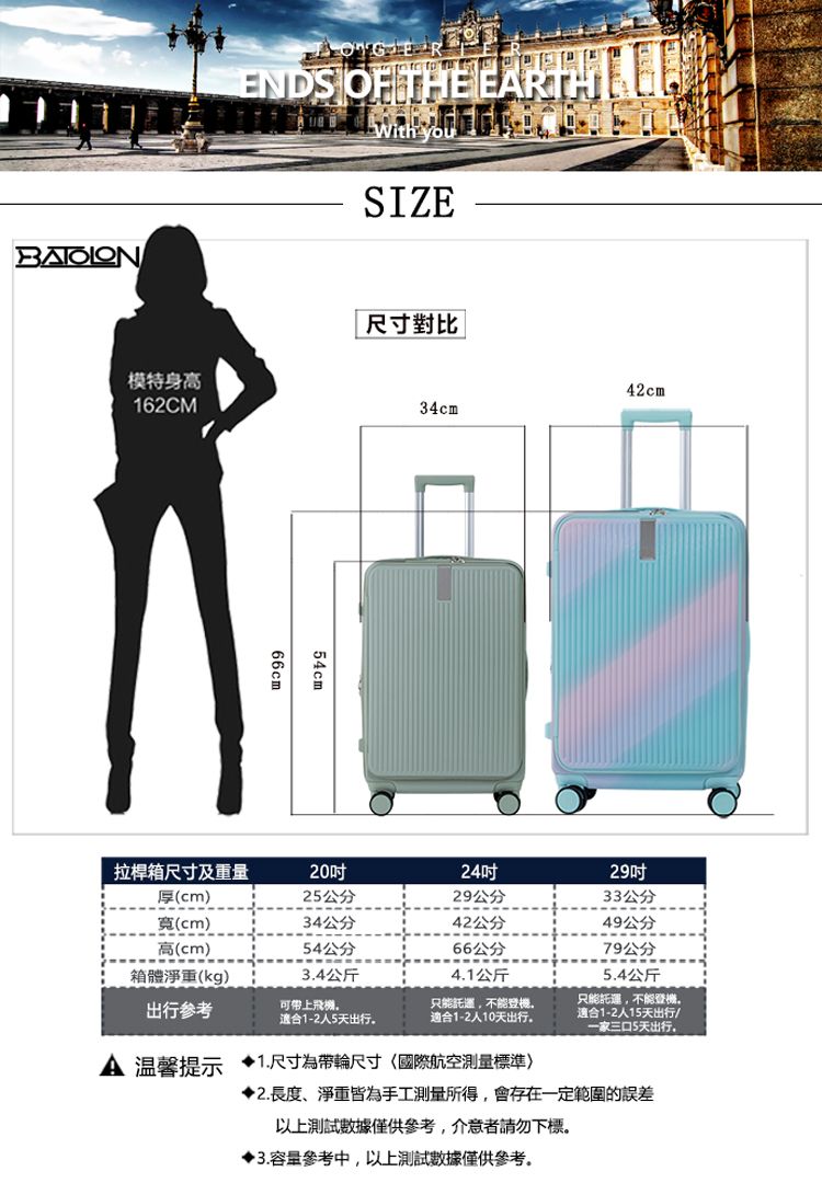 ENDS OF THE With SIZE模特身高162CM尺寸對比66cm54cm42cm34cm拉桿箱尺寸及重量2024吋29吋cm)25公分29公分33公分寬(cm)34公分42公分49公分高(cm)54公分66公分79公分箱體淨重(kg)3.4公斤4.1公斤5.4公斤出行参考可帶上適合1-2人5天出行只能託運不能適合1-2人10天出行 温馨提示 1.尺寸為帶輪尺寸(國際航空測量標準只能托運不能適合1-2人15天出行/一家三口5天出行,2.長度、淨重皆為手工測量所得,會存在一定範圍的誤差以上測試數據僅供參考,介意者請勿下標。3.容量參考中,以上測試數據僅供參考。