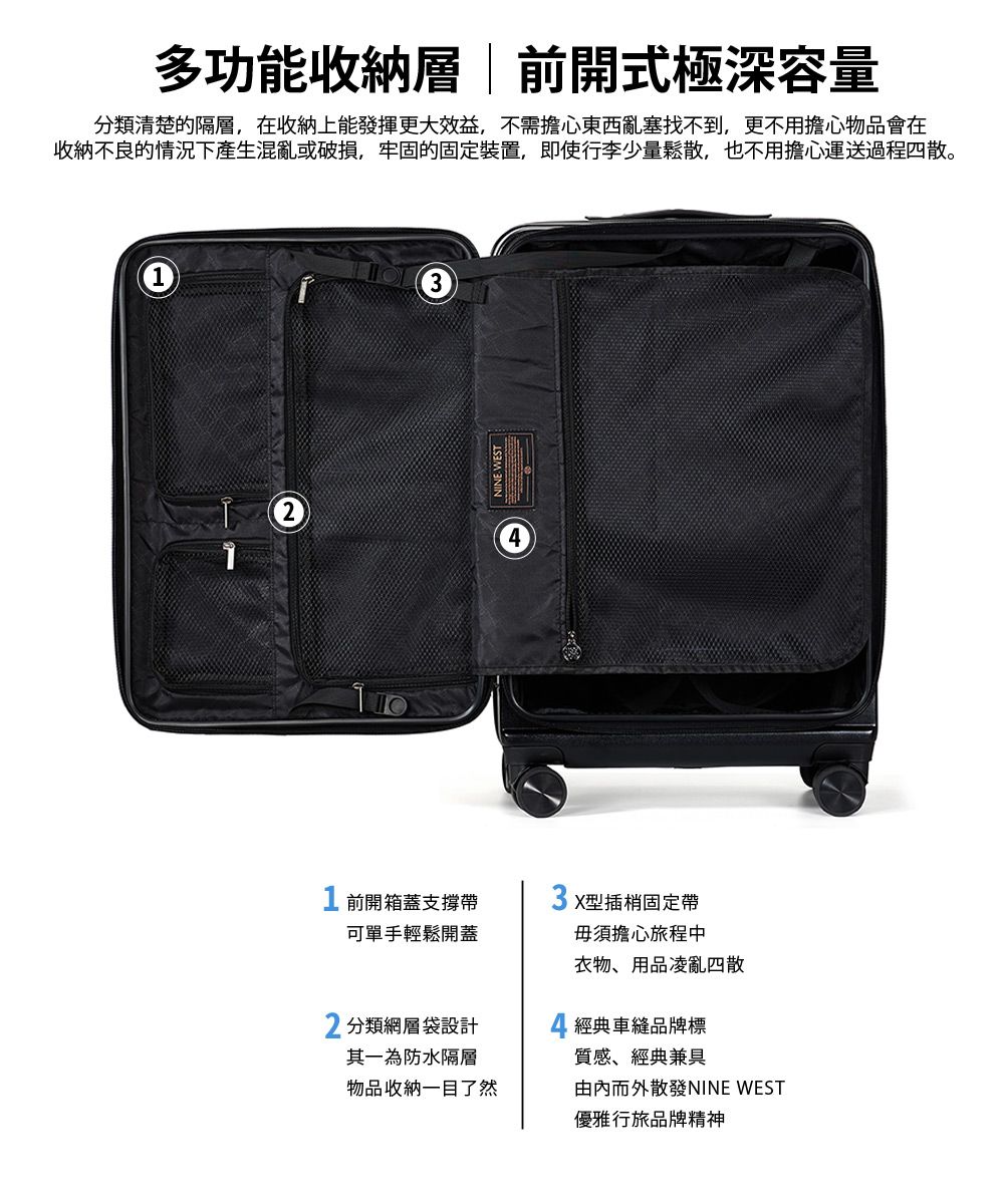 多功能收納層前開式極深容量分類清楚的隔層,在收納上能發揮更大效益,不需擔心東西亂塞找不到,更不用擔心物品會在收納不良的情況下產生混亂或破損,牢固的固定裝置,即使行李少量鬆散,也不用擔心運送過程四散。1. 前開箱蓋支撐帶可單手輕鬆開蓋NIN WEST E3 X型插梢固定帶擔心旅程中衣物、用品凌亂四散2 分類網層袋設計其一為防水隔層 經典車縫品牌標質感、經典兼具物品收納一目了然內而外散發NINE WEST優雅行旅品牌精神
