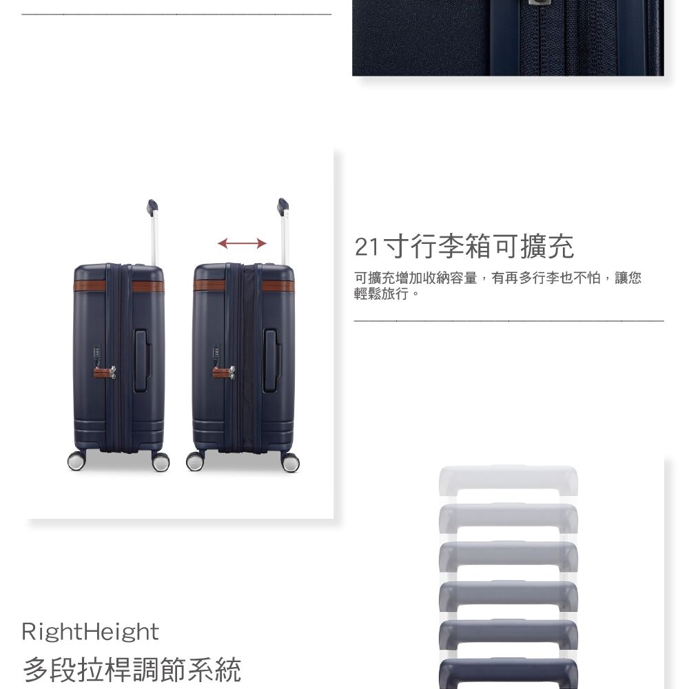 RightHeight多段拉桿調節系統21寸行李箱可擴充可擴充增加收納容量,有再多行李也不怕,讓您輕鬆旅行。