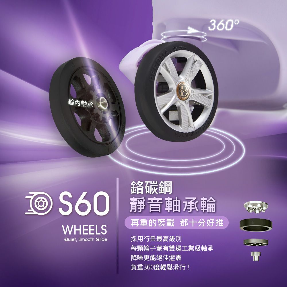 輪內軸承360鉻碳鋼  靜音軸承輪再重的裝載 都十分好推WHEELSQuiet, Smooth Glide採用行業最高級別每顆輪子載有雙邊工業級軸承降噪更能絕佳避震負重360度輕鬆滑行!