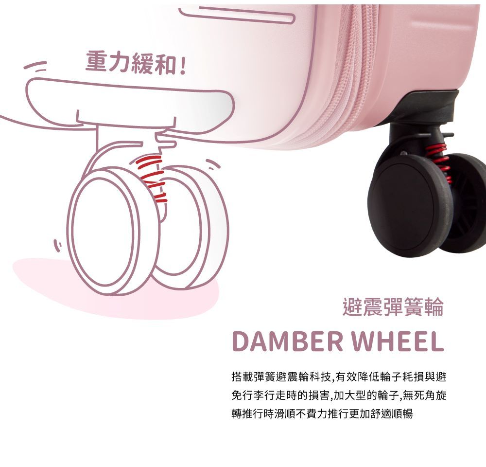 重力緩和!避震彈簧輪DAMBER WHEEL搭載彈簧避震輪科技,有效降低輪子耗損與避免行李行走時的損害,加大型的輪子,無死角旋轉推行時滑順不費力推行更加舒適順暢