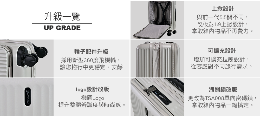 升級一覽UP GRADE輪子配件升級採用新型360度飛機輪,讓您拖行中更穩定、安靜設計改版橢圓Logo提升整體辨識度與時尚感。上掀設計與前一代5:5開不同,改版為1:9上掀設計,拿取箱内物品不再費力。可擴充設計增加可擴充拉鍊設計,從容應對不同旅行需求。海關鎖改版更改為TSA008單向密碼鎖,拿取箱內物品一鍵搞定。