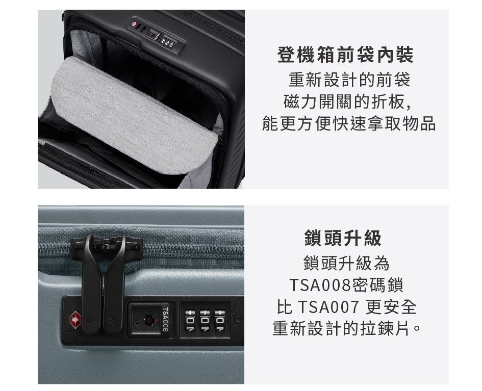 登機箱前袋內裝重新設計的前袋磁力開關的折板,能更方便快速拿取物品TSA008鎖頭升級鎖頭升級為TSA008密碼鎖 TSA007 更安全重新設計的拉鍊片。