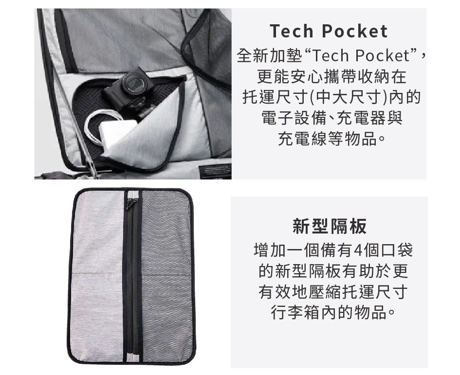 Tech Pocket全新加墊“Tech Pocket”,更能安心攜帶收納在托運尺寸(中大尺寸)的電子設備、充電器與充電線等物品。新型隔板增加一個備有4個口袋的新型隔板有助於更有效地壓縮托運尺寸行李箱的物品。