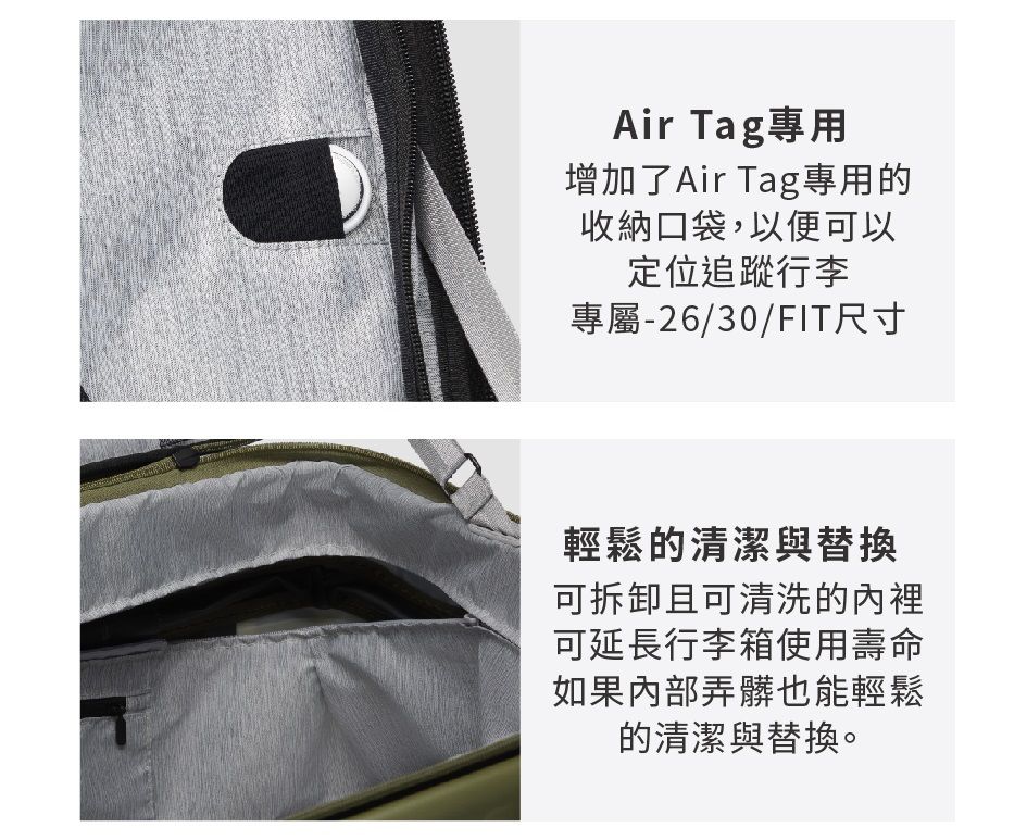 Air Tag專用增加了Air Tag專用的收納口袋,以便可以定位追蹤行李專屬-26/30/FIT尺寸輕鬆的清潔與替換可拆卸且可清洗的內裡可延長行李箱使用壽命如果內部弄髒也能輕鬆的清潔與替換。