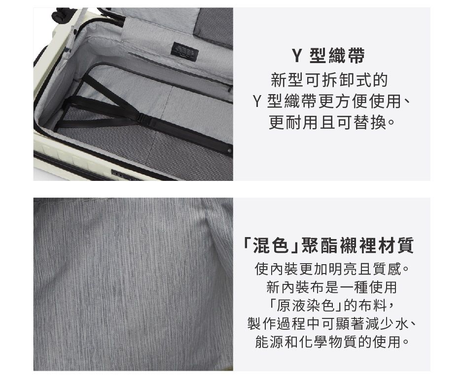 Y型織帶新型可拆卸式的Y型織帶更方便使用、更耐用且可替換。「混色聚酯襯裡材質使內裝更加明亮且質感。新內裝布是一種使用「原液染色」的布料,製作過程中可顯著減少水、能源和化學物質的使用。