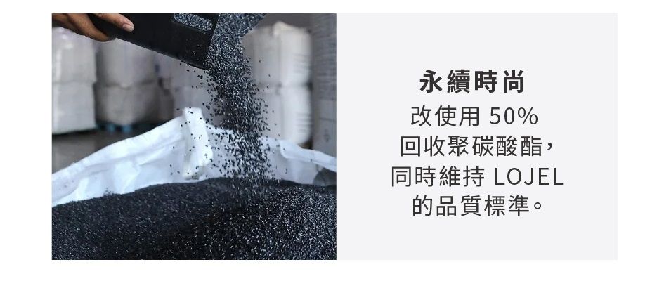 永續時尚改使用 50%回收聚碳酸酯,同時維持 LOJEL的品質標準。