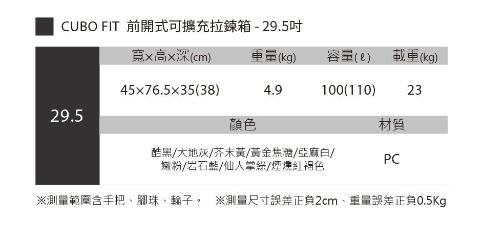 CUBO FIT 前開式可擴充拉鍊箱- 29.5吋寬x高x深(cm重量(kg)容量()載重(kg)45x76.535(38)4.9100(110) 2329.5顏色材質酷黑/大地灰/芥末黃/黃金焦糖/亞麻白/嫩粉/岩石藍/仙人掌綠/煙燻紅褐色PC測量範圍含手把、腳珠、輪子。 ※測量尺寸誤差正負2cm、重量誤差正負0.5Kg