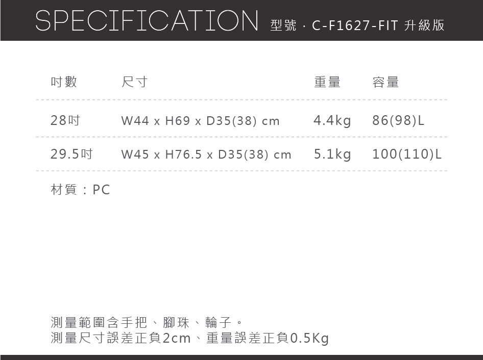 SPECIFICATION 型號CF1627-FIT 升級版數尺寸重量容量28吋W44  H69 D35(38) cm4.4kg86(98)L29.5吋W45 x H76.5 x D35(38) cm5.1kg100(110)L材質:PC測量範圍含手把、腳珠、輪子。測量尺寸誤差正負2cm、重量誤差正負0.5Kg