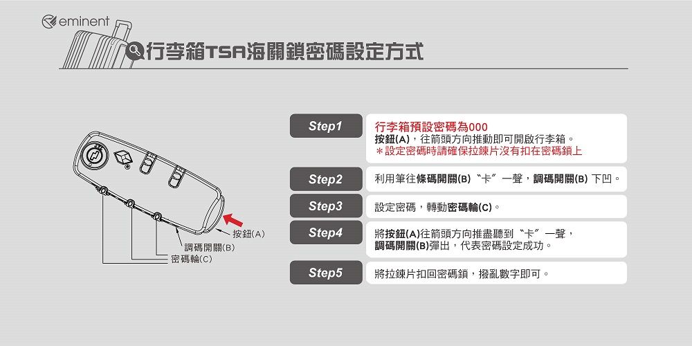 Reminent銀行李箱海關鎖密碼設定方式Step1行李箱預設密碼為000(A),往箭頭方向推動即可開啟行李箱。*設定密碼時請確保拉鍊片沒有扣在密碼鎖上Step2利用筆往條碼開關(B)卡一聲,調碼開關(B)下凹。Step3設定密碼,轉動密碼輪(C)。按鈕(A)Step4調碼開關(B)將按鈕(A)往箭頭方向推盡聽到“卡”一聲,調碼開關(B)彈出,代表密碼設定成功。密碼輪(C)Step5將拉鍊片扣回密碼鎖,撥亂數字即可。