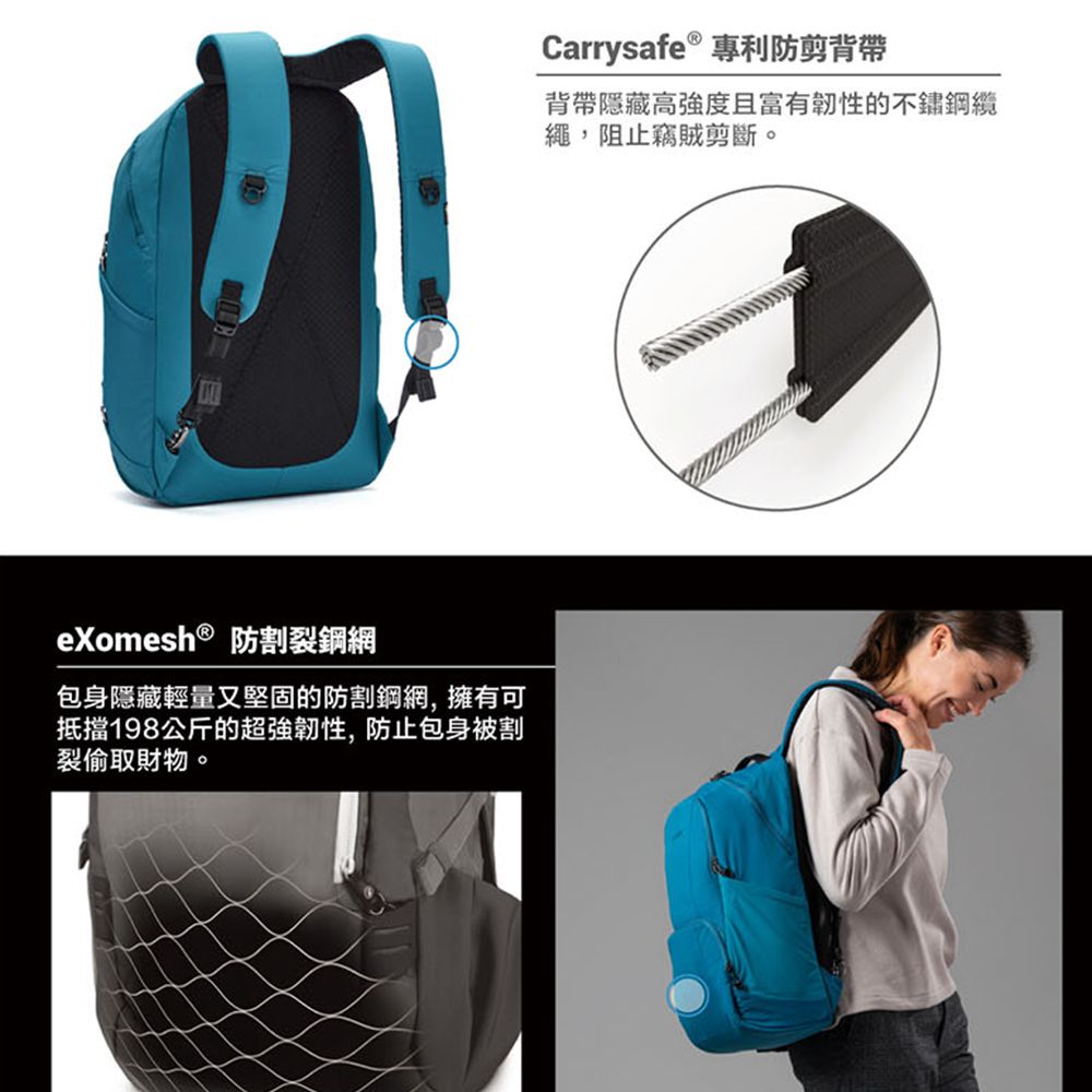 eXomesh 防割裂鋼網包身隱藏輕量又堅固的防割鋼網,擁有可抵擋198公斤的超強韌性,防止包身被割裂偷取財物。Carrysafe ® 專利防剪背帶背帶隱藏高強度且富有韌性的不鏽鋼繩,阻止竊賊剪斷。