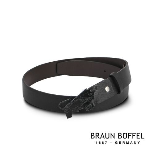 BRAUN BUFFEL 德國小金牛 台灣總代理 沉穩紳士時尚造型LOGO釘扣式皮帶-掃黑色/BF21B-HUY024-SBK