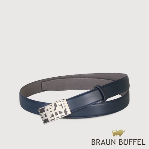 BRAUN BUFFEL 德國小金牛 台灣總代理 都會型男U型LOGO自動扣皮帶-銀色/BF23B-WEG042-SNK