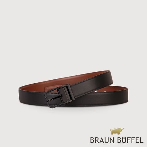 BRAUN BUFFEL 德國小金牛 台灣總代理 商務型男 方格壓紋穿針式皮帶-黑/BF24B-WEG043-BK