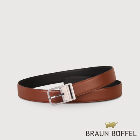 BRAUN BUFFEL 德國小金牛 台灣總代理 商務型男 方格壓紋穿針式皮帶-咖啡/BF24B-WEG043-BR