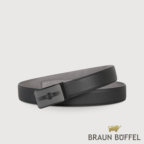 BRAUN BUFFEL 德國小金牛 台灣總代理 商務型男 LOGO無齒自動扣皮帶-黑/BF24B-WEG04442-BK