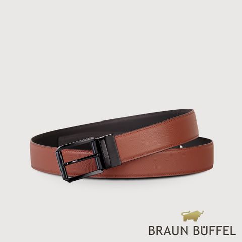 BRAUN BUFFEL 德國小金牛 台灣總代理 商務型男 簡約造型穿針式皮帶-黑/BF24B-WEG045-BK