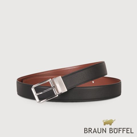 【BRAUN BUFFEL 德國小金牛】台灣總代理 商務型男 簡約造型穿針式皮帶-黑/BF24B-WEG045-BK