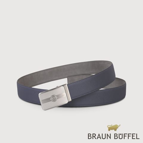 BRAUN BUFFEL 德國小金牛 台灣總代理 商務型男 LOGO無齒自動扣皮帶-深藍/BF24B-WEG044-NY