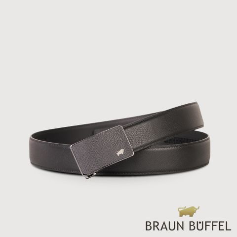 BRAUN BUFFEL 德國小金牛 台灣總代理 商務型男 十字壓紋自動扣皮帶-黑/BF24B-WEG046-BK