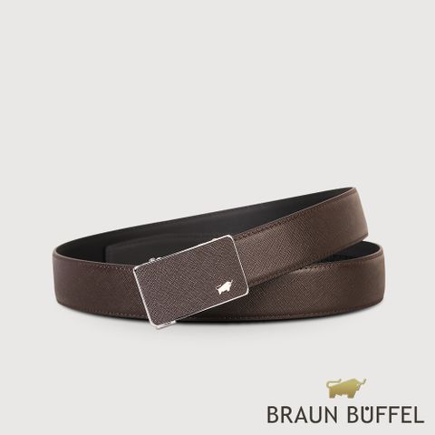 BRAUN BUFFEL 德國小金牛 台灣總代理 商務型男 十字壓紋自動扣皮帶-咖啡/BF24B-WEG046-BR